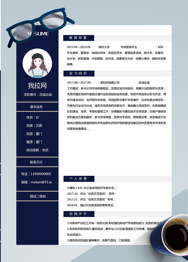 深藍(lán)色簡(jiǎn)潔風(fēng)區(qū)域總監(jiān)word簡(jiǎn)歷模板